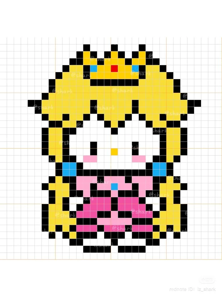 Hình pixel Hello Kitty phong cách công chúa Peach trên giấy kẻ ô