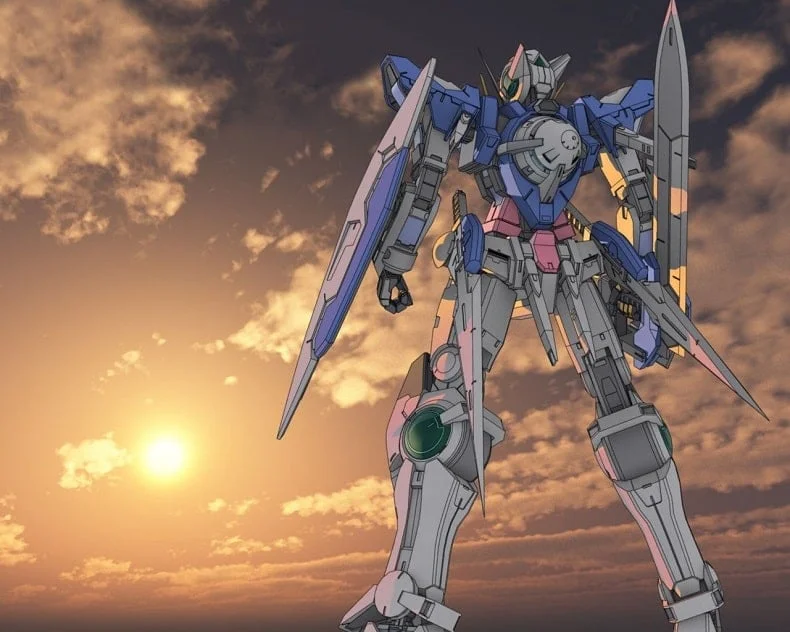 Hình nền máy tính ngầu với robot Gundam đứng dưới ánh hoàng hôn
