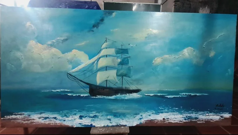 Tranh vẽ tay thuận buồm xuôi gió trên biển xanh