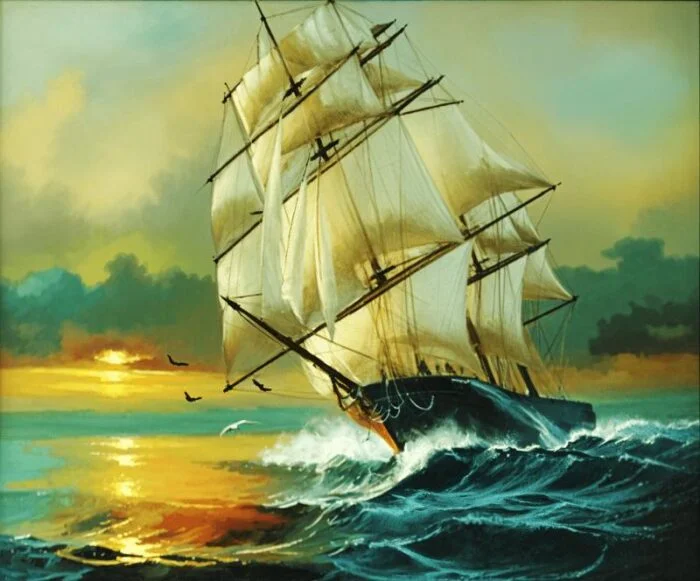 Tranh thuyền buồm lúc hoàng hôn
