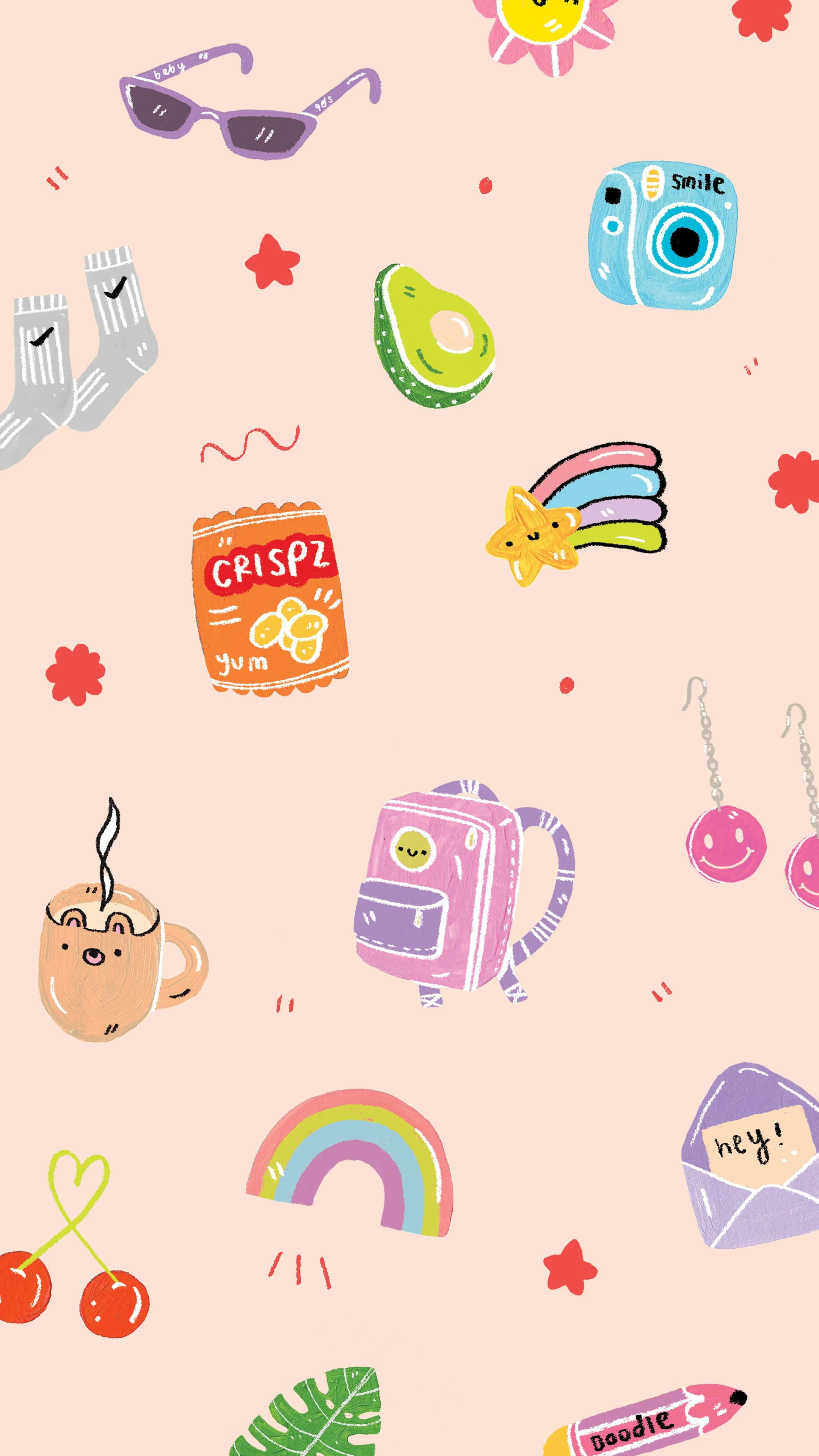 Hình nền điện thoại đẹp cute với các hình vẽ doodle nhiều màu sắc sinh động