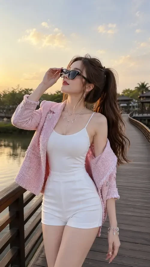 Cô gái áo hai dây trắng đội khăn ren, nhìn thẳng trước cụm hoa tím phía sau